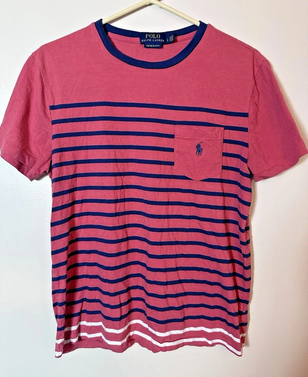 Polo Ralph Lauren T-Shirt Mens Large Coral Red Navy Striped Pocket Slim Nautical